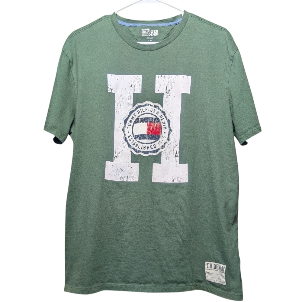 Tommy Hilfiger Retro Olive Green Logo Short Sleeve Tee Men's Large 90s 00s EUC